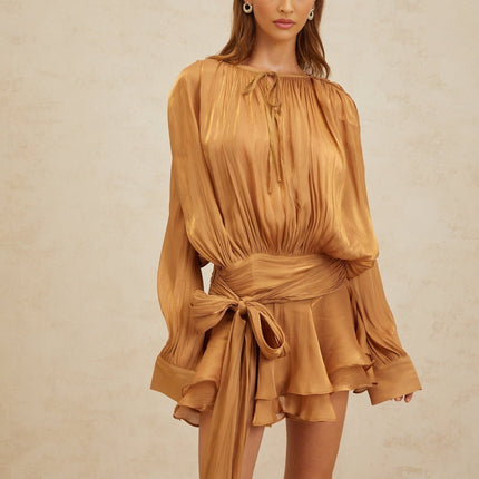 Gilda Gold Pleated Ruffled Mini Dress with Glitter Detailing