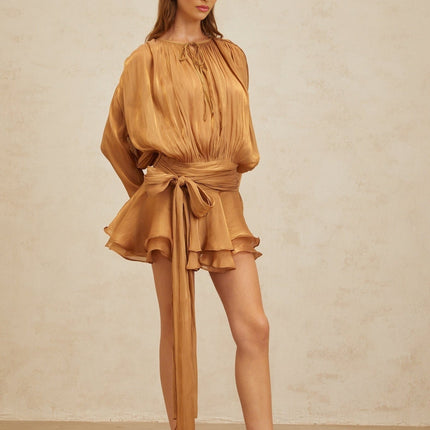 Gilda Gold Pleated Ruffled Mini Dress with Glitter Detailing