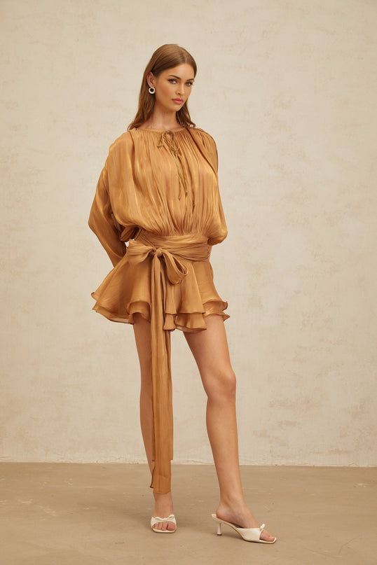 Gilda Gold Pleated Ruffled Mini Dress with Glitter Detailing