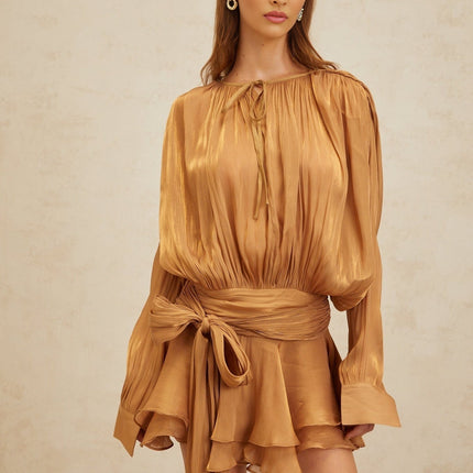 Gilda Gold Pleated Ruffled Mini Dress with Glitter Detailing