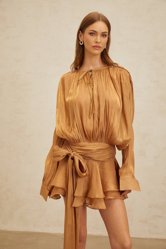 Gilda Gold Pleated Ruffled Mini Dress with Glitter Detailing