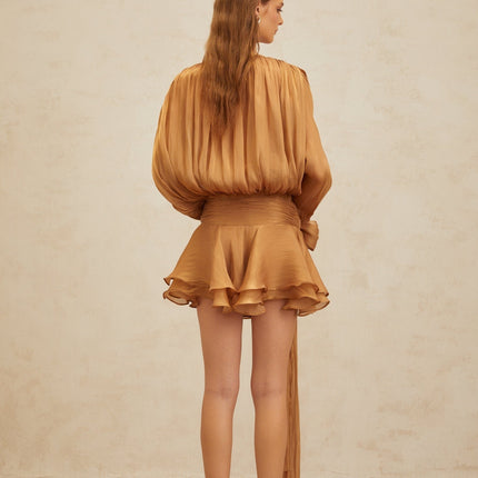 Gilda Gold Pleated Ruffled Mini Dress Twist Hem Shoulder Pads Buttoned-Cuff Sleeves Neck Tie Fastening Glitter Detailing Semi-Sheer Draped Design Luxury Sophistication