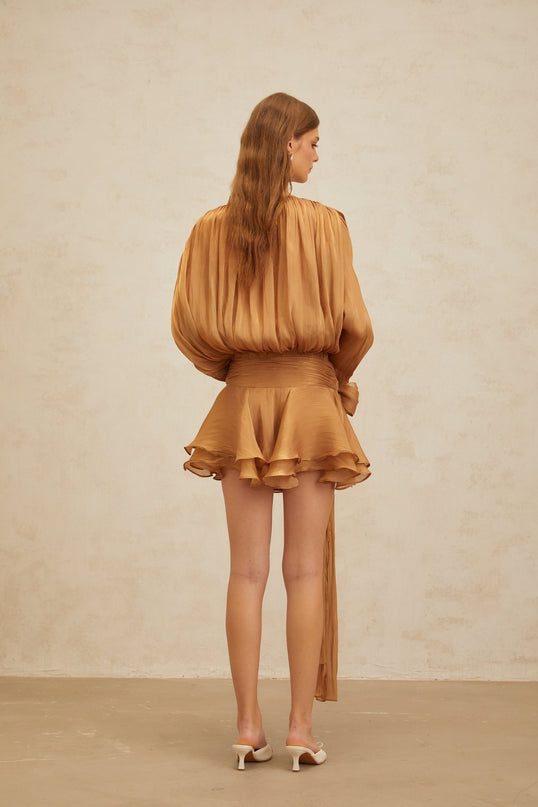 Gilda Gold Pleated Ruffled Mini Dress Twist Hem Shoulder Pads Buttoned-Cuff Sleeves Neck Tie Fastening Glitter Detailing Semi-Sheer Draped Design Luxury Sophistication