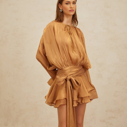 Gilda Gold Pleated Ruffled Mini Dress Twist Hem Shoulder Pads Long Buttoned-Cuff Sleeves Neck Tie Fastening Glitter Detailing Semi-Sheer Chic Luxury Sophistication Elegant Timeless Piece Terylene Viscose Spandex