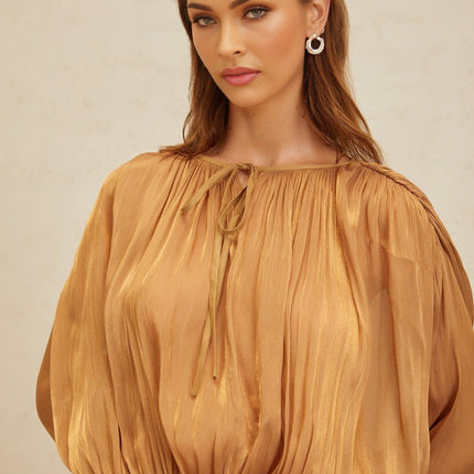 Gilda Gold Pleated Ruffled Mini Dress with Shoulder Pads and Glitter Detailing