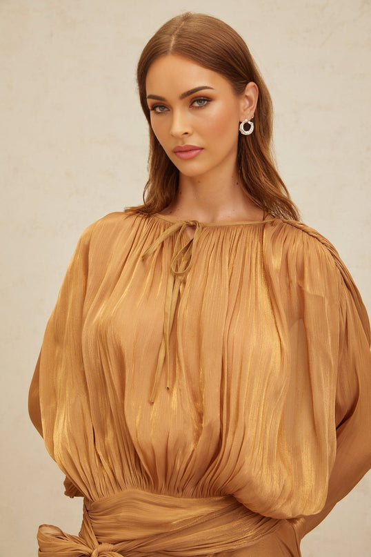 Gilda Gold Pleated Ruffled Mini Dress with Shoulder Pads and Glitter Detailing