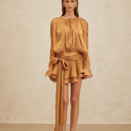 Gilda Gold Pleated Ruffled Mini Dress Twist Hem Shoulder Pads Buttoned-Cuff Sleeves Glitter Detailing Semi-Sheer Side Zip Closure