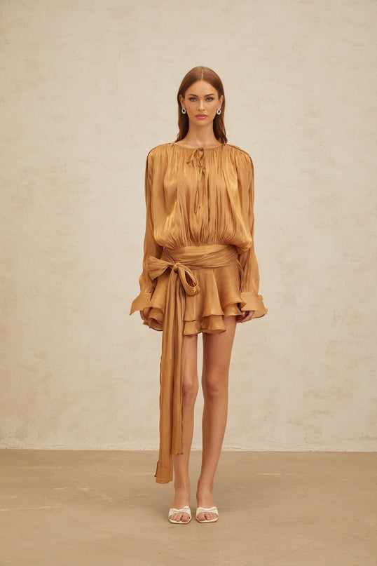 Gilda Gold Pleated Ruffled Mini Dress Twist Hem Shoulder Pads Buttoned-Cuff Sleeves Glitter Detailing Semi-Sheer Side Zip Closure