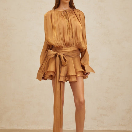 Gilda Gold Pleated Ruffled Mini Dress