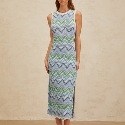 Gilda Midi Dress Blue Chevron Knit Pattern Side Slit Sleeveless