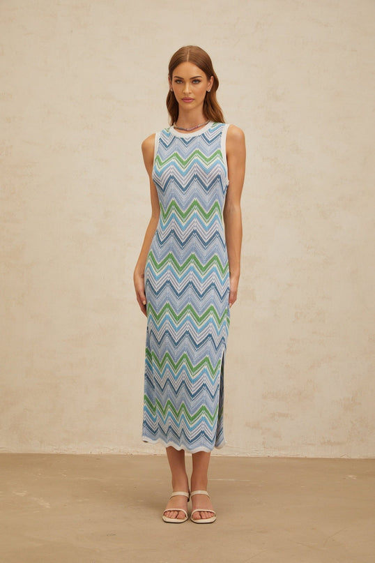 Gilda Midi Dress Blue Chevron Knit Pattern Side Slit Sleeveless