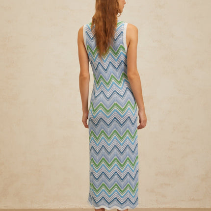 Gilda Midi Dress Blue Multicolor Chevron Knit Side Slit Sleeveless Straight Hem Metallic Viscose Nylon Terylene Fiber Women's Dress