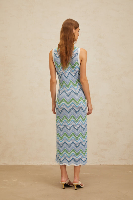 Gilda Midi Dress Blue Multicolor Chevron Knit Side Slit Sleeveless Straight Hem Metallic Viscose Nylon Terylene Fiber Women's Dress