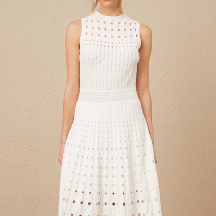 Gilda White Midi Dress Viscose Polyester Calf-Length Cut Crew Neck Cut-Out Detailing Sleeveless Silhouette