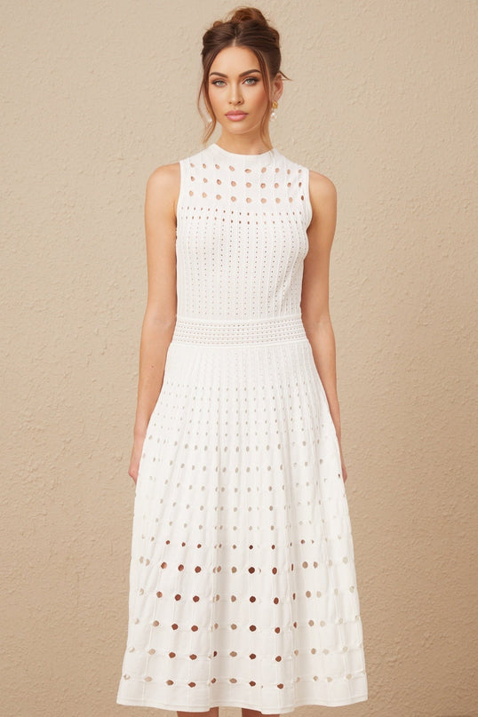 Gilda White Midi Dress Viscose Polyester Calf-Length Cut Crew Neck Cut-Out Detailing Sleeveless Silhouette