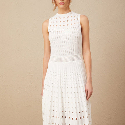 Gilda White Midi Dress Viscose Polyester Calf-length Cut Crew Neck Cut-out Detailing Sleeveless Silhouette