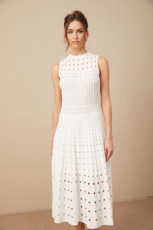Gilda White Midi Dress Viscose Polyester Calf-length Cut Crew Neck Cut-out Detailing Sleeveless Silhouette