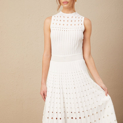 Gilda White Midi Dress Viscose Polyester Calf-Length Cut Crew Neck Cut-Out Detailing Sleeveless Silhouette