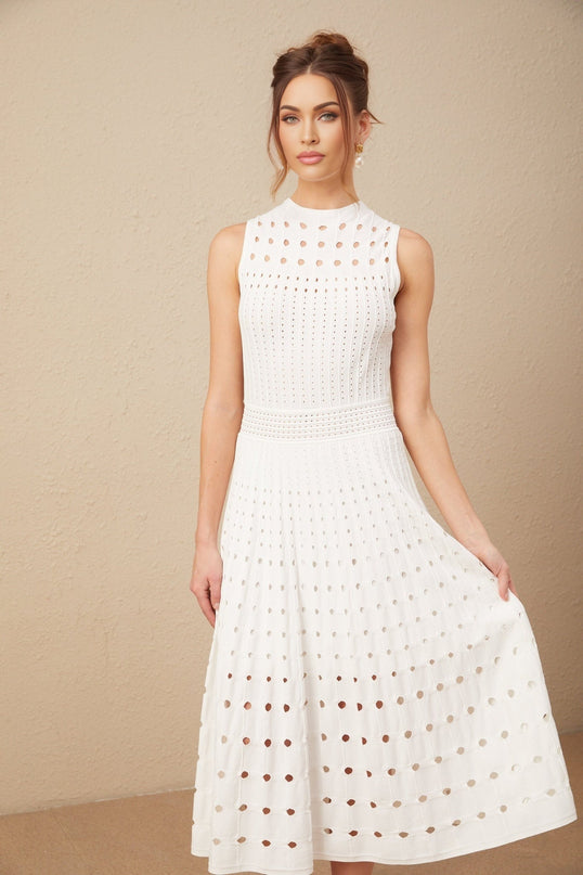 Gilda White Midi Dress Viscose Polyester Calf-Length Cut Crew Neck Cut-Out Detailing Sleeveless Silhouette