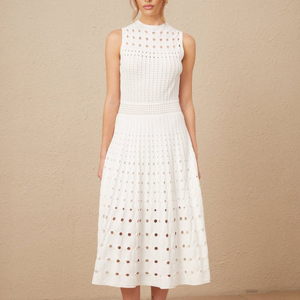 Gilda White Midi Dress Sleeveless Calf-Length Crew Neck Cut-Out Detailing