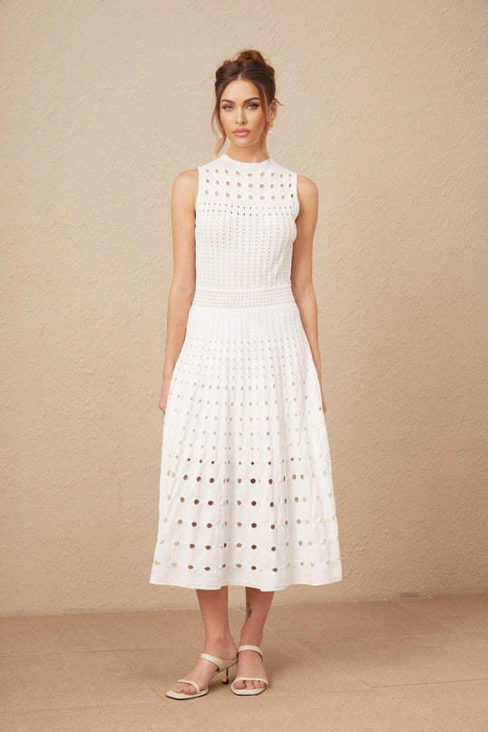 Gilda White Midi Dress Sleeveless Calf-Length Crew Neck Cut-Out Detailing