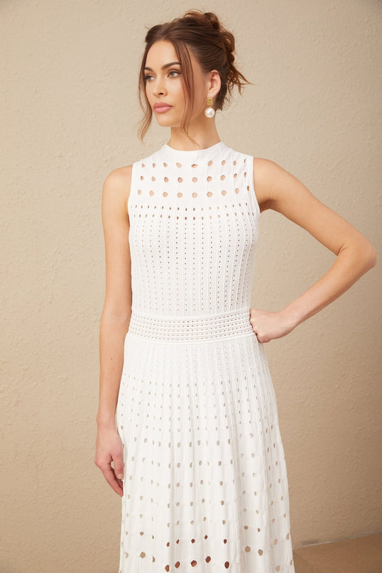 Gilda White Midi Dress Elegant Sophisticated Chic Modern Cut-Out Sleeveless Luxury Sophistication