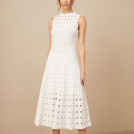 Gilda White Midi Dress Viscose Polyester Cut-Out Sleeveless Crew Neck Chic Modern Calf-Length
