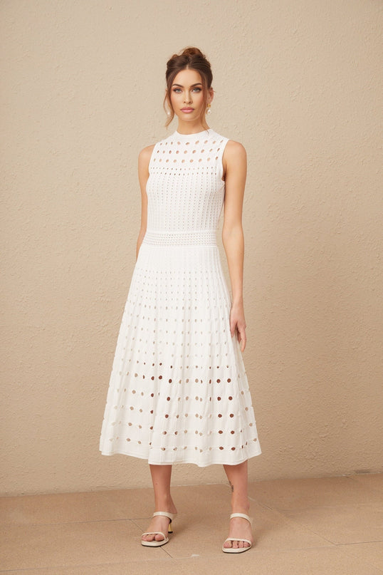 Gilda White Midi Dress Viscose Polyester Cut-Out Sleeveless Crew Neck Chic Modern Calf-Length