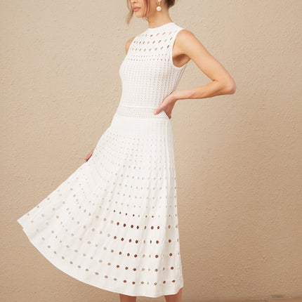 Gilda White Midi Dress Viscose Polyester Cut Out Sleeveless Chic Modern Calf Length Crew Neck
