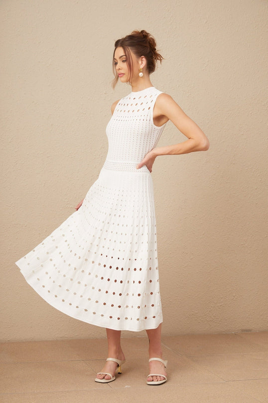 Gilda White Midi Dress Viscose Polyester Cut Out Sleeveless Chic Modern Calf Length Crew Neck