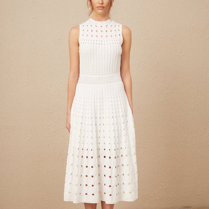 Gilda White Midi Dress Viscose Polyester Cut Out Sleeveless Crew Neck Calf Length