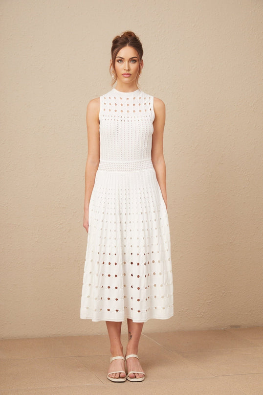 Gilda White Midi Dress Viscose Polyester Cut Out Sleeveless Crew Neck Calf Length
