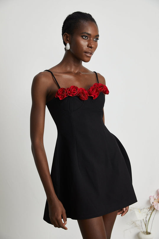 Ginetta Black Flower Bustier Mini Dress Polyester Cotton Blend