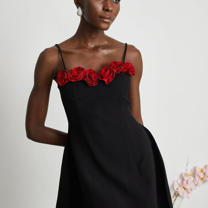 Ginetta Black Flower Bustier Mini Dress Polyester Cotton Blend