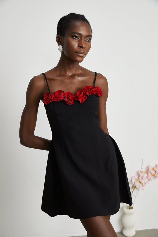 Ginetta Black Flower Bustier Mini Dress Polyester Cotton Blend