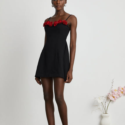 Ginetta Black Flower Bustier Mini Dress with Faux-Flower Embellishments