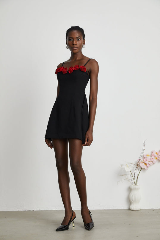 Ginetta Black Flower Bustier Mini Dress with Faux-Flower Embellishments