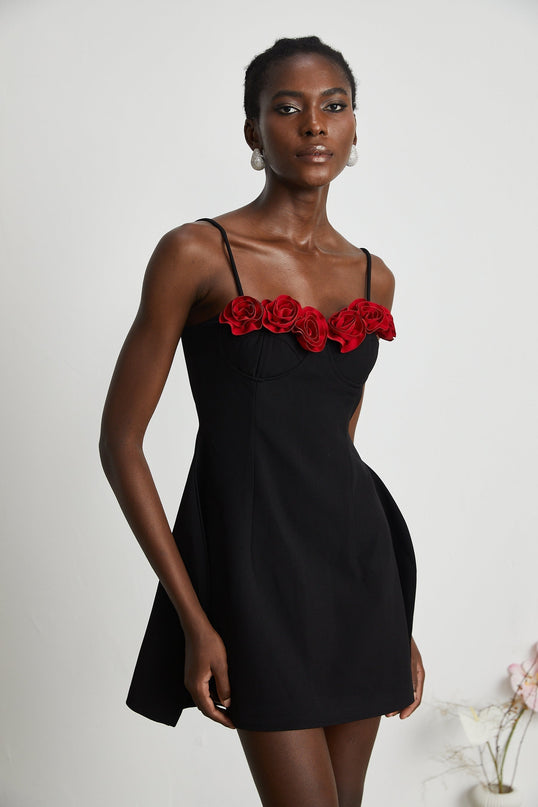 Ginetta Black Flower Bustier Mini Dress Polyester Cotton Blend