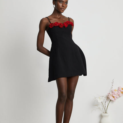 Ginetta Black Mini Dress Flower Bustier Polyester Cotton Blend Spaghetti Straps Faux-Flower Embellishments Zip Fastening