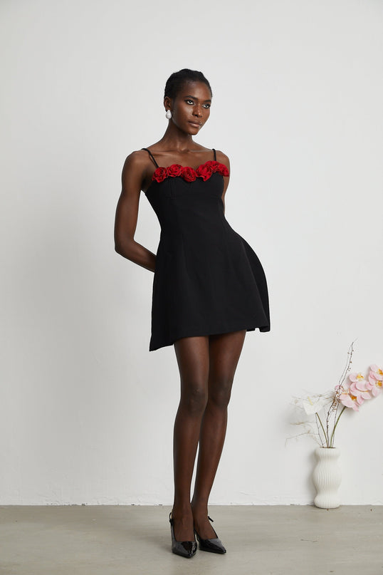 Ginetta Black Mini Dress Flower Bustier Polyester Cotton Blend Spaghetti Straps Faux-Flower Embellishments Zip Fastening