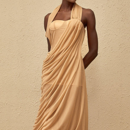 Ginetta Midi Dress in Neutrals Tulle Paneling Ruched Detailing Halterneck Design