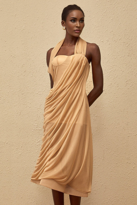 Ginetta Midi Dress in Neutrals Tulle Paneling Ruched Detailing Halterneck Design