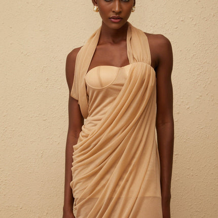 Ginetta Midi Dress in Neutrals with Halterneck Design and Open Back