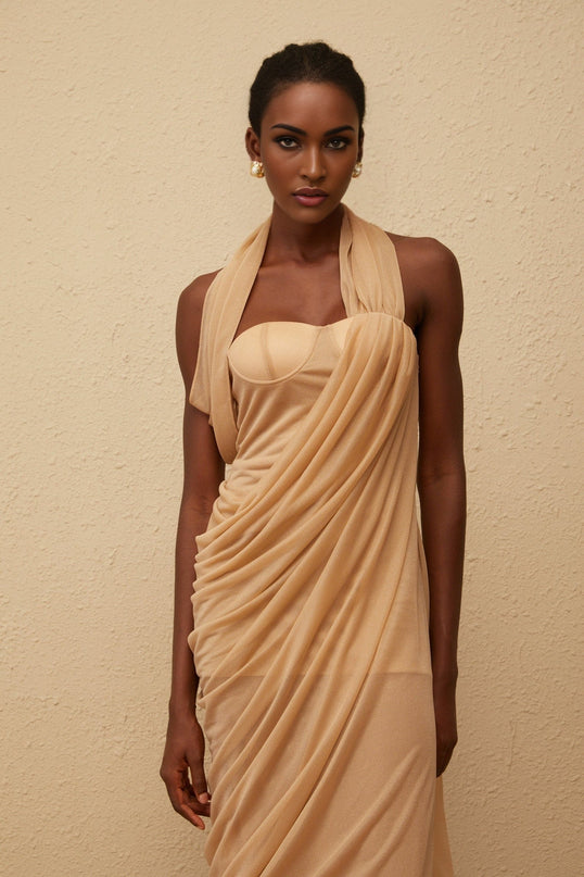 Ginetta Midi Dress in Neutrals with Halterneck Design and Open Back