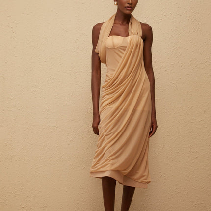 Ginetta Midi Dress in Neutrals Halterneck Tulle Ruched Calf Length