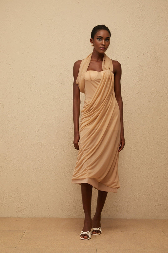 Ginetta Midi Dress in Neutrals Halterneck Tulle Ruched Calf Length