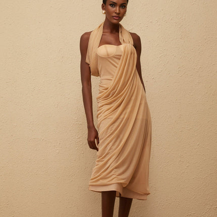 Ginetta Neutrals Halterneck Midi Dress in Khaki Tulle Ruched Detailing