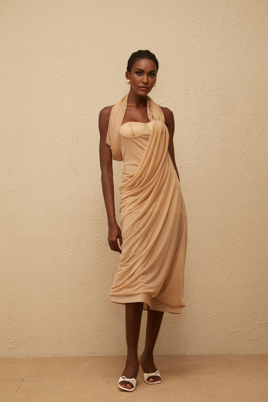 Ginetta Neutrals Halterneck Midi Dress in Khaki Tulle Ruched Detailing