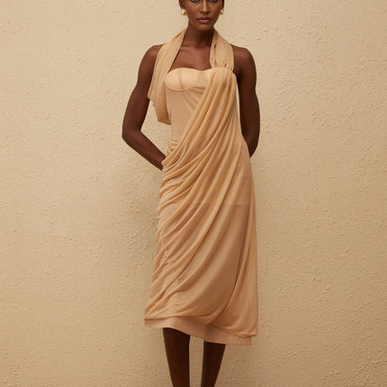 Ginetta Neutrals Midi Dress in Khaki with Open Back and Tulle Paneling