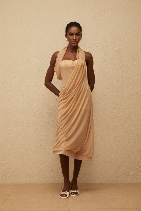 Ginetta Neutrals Midi Dress in Khaki with Open Back and Tulle Paneling